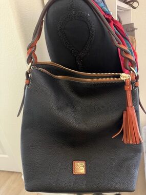 Dooney & Bourke Black Leather Shoulder Hobo with Tan Trim and Tassel